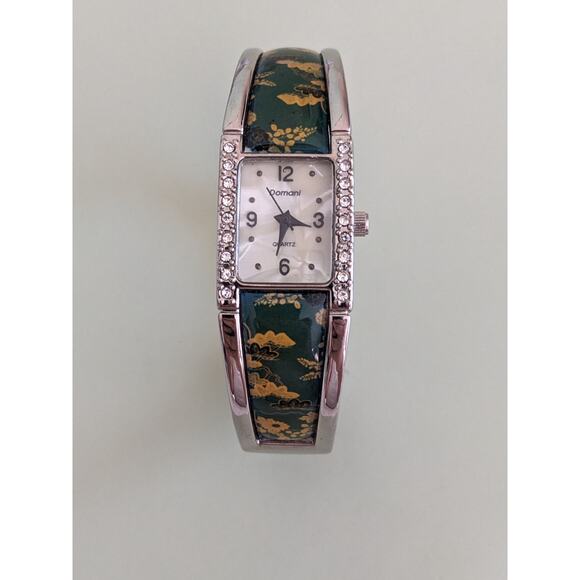 Vintage Domani Silver Tone Bangle Watch Yellow Florals on Green - Picture 1 of 10